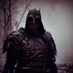 a man dressed in armor and standing on top of a field
