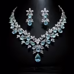 a necklace with two sets of blue and white glass and leaves