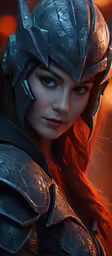 an attractive young woman wearing armor and a helmet