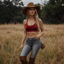 woman standing in a field wearing a brown cowboy hat