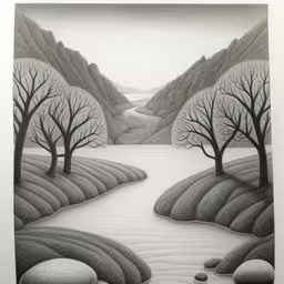 black and white drawing of a river and trees,the drawing is in a gray frame on white paper,a painting that has been drawn with graph on paper,a pencil drawing of trees by a river,a drawing of a lake, hills and trees