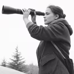 a woman looking through a large binoculars at something