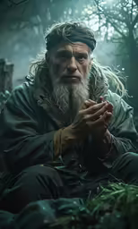 an old man with long white hair is seated outside