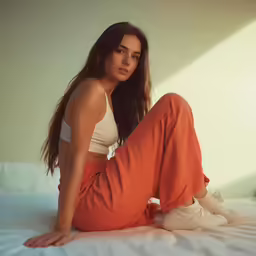 a woman sitting on a bed with her legs spread wide