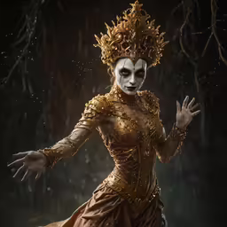 a woman in an elaborate golden dress and makeup