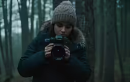 a woman holding a camera standing in front of a forest