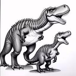 a drawing of two dinosaurs and their skeleton,two dinosaurs are shown in front of the camera,two dinosaurs standing next to each other,an illustration of a pair of dinosaurs,two different sized dinosaurs standing side by side