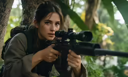 a woman in an action outfit shoots a gun