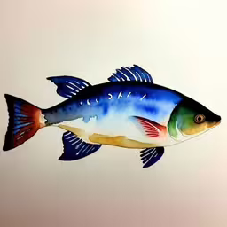 a blue, yellow, and red fish with an orange under its tail,a large colorful fish is on display on the wall