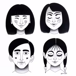 four different faces of people with different hairs,four faces showing different angles and shapes with the heads tilted,six drawings of a person