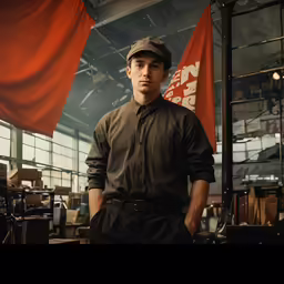a man in a brown hat standing next to some red flags