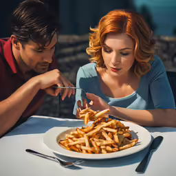 a man and woman looking at a plate of food