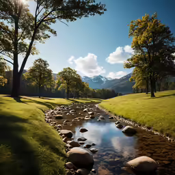 a stream flowing through a lush green field