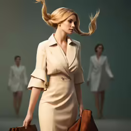 a woman is shown walking while carrying a handbag
