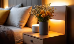 flowers are sitting on the bedside of the bed