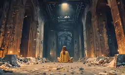 the scene shows a woman in a yellow dress sitting at an alter with some candles