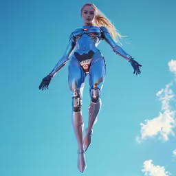 a futuristic woman in blue leather is flying through the air