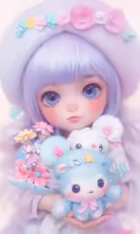 a cute blue doll holding two toy bears