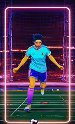 man on soccer field in front of neon sign,a man playing soccer on a green field