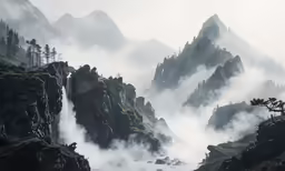 a rocky mountain landscape covered in mist