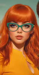 a woman with orange hair wearing eyeglasses