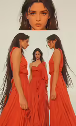 three different shots of the same woman in a long dress