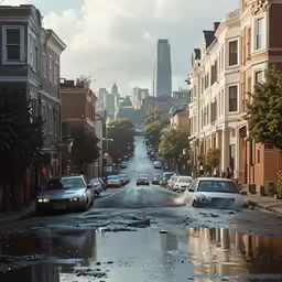 a city street flooded with water surrounded by buildings