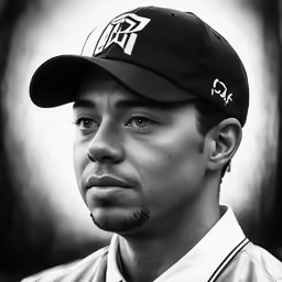 a black and white portrait of a man in a baseball cap