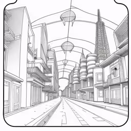a picture of an alley way with buildings and lampposts on it,the inside of an indoor hallway with multiple lights and buildings