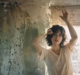 a woman standing near a window with her hands on her head