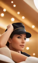 a girl wearing a navy uniform leaning on a couch
