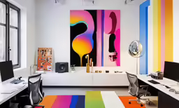 a large painting hangs in an empty white office