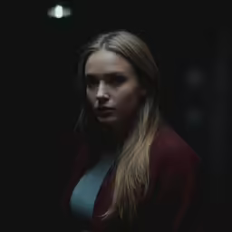 a beautiful young blond woman standing in a dark room