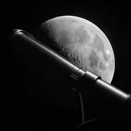 telescope looking up to the moon in black and white