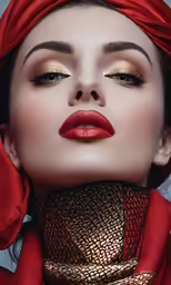 the image is taken from a photo of a woman with red hair and makeup