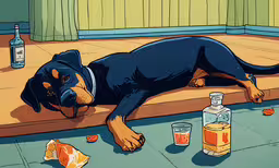 the black dog is lying on the floor next to bottles,a dog laying on the ground next to a bottle and two oranges
