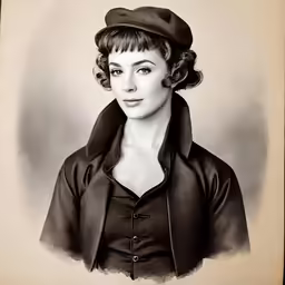 an old picture of a young lady with a jacket and hat
