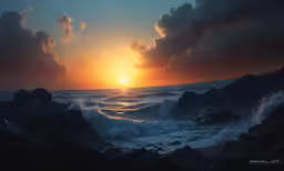 the sun is shining over the ocean with foamy waves