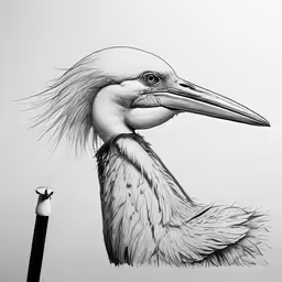 pencil drawing of a stork, with its head slightly over the top