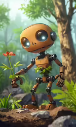 a robot with eyes and arms standing on a rock in the forest