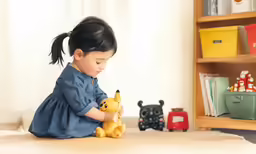 a girl plays with a small yellow teddy bear