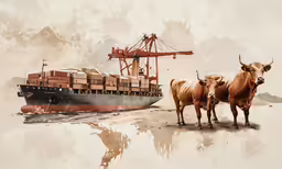 two cows stand next to a big boat