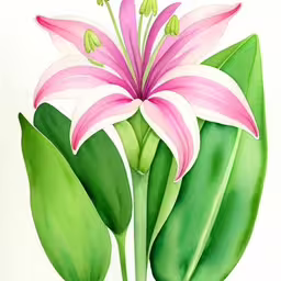 pink flower and green leaves watercolor drawing