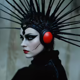 a woman in a black outfit has black feathers and red makeup