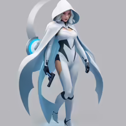 a female robot is dressed in a white uniform and blue gear