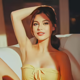 a woman in a yellow dress on the couch