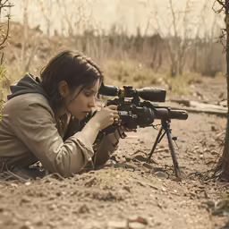a girl in a hood is shooting with her rifle