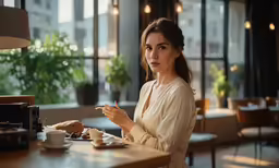 woman sitting at a table in a cafe drinking from a hot mug