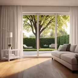 white living room with window view with trees