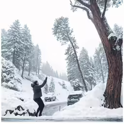 a woman standing in the snow next to a tree